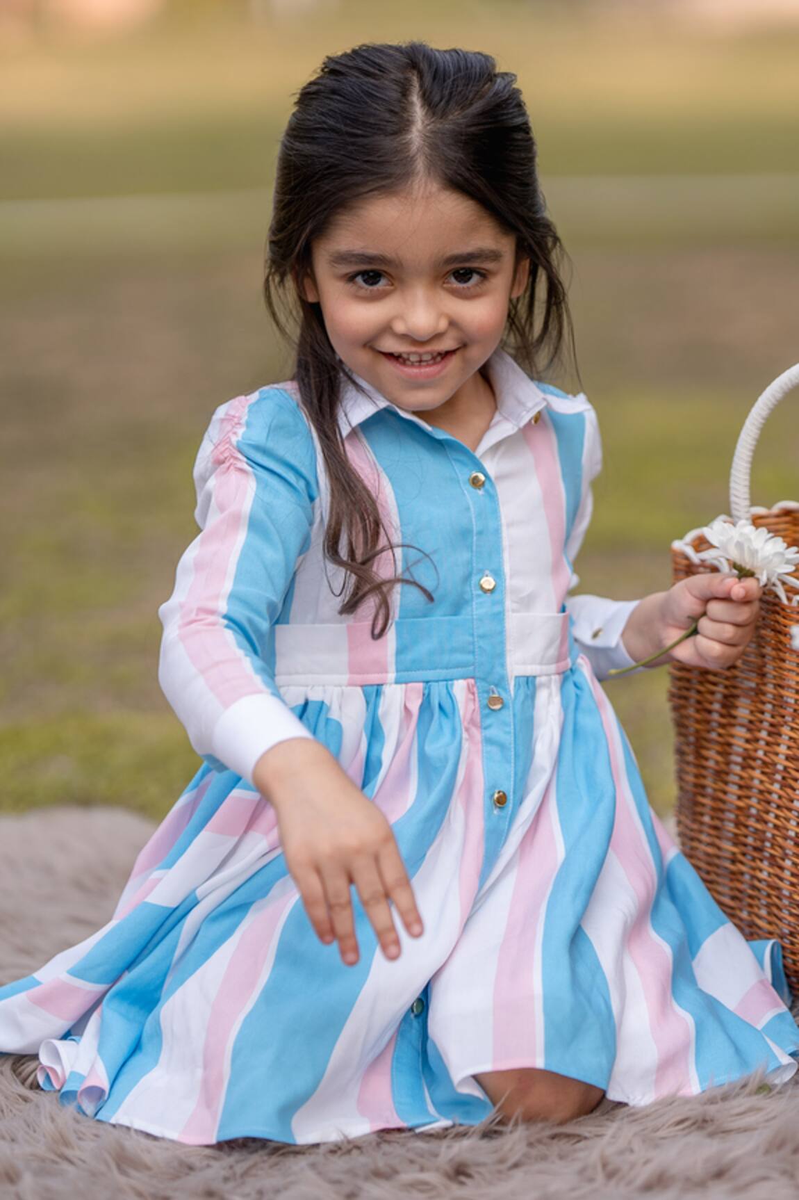 The Pony & Peony Co. - Blue 100% Cotton Striped Candy Pattern Structured  Shirt Dress For Girls